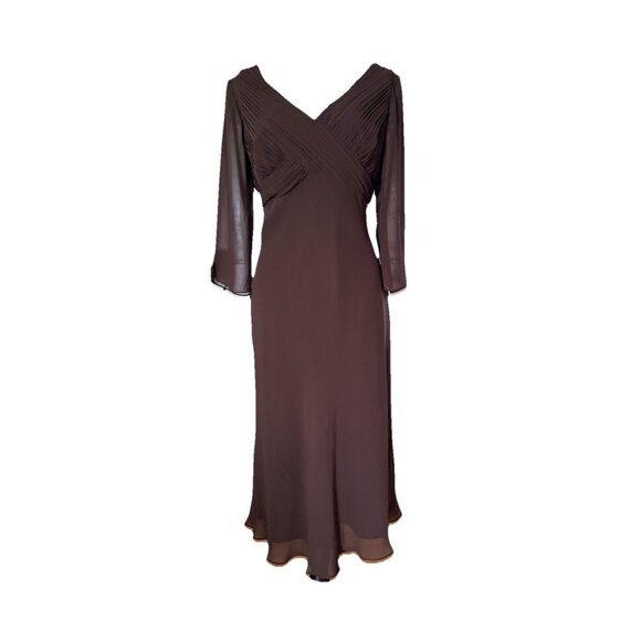 NWT COLDWATER CREEK Dress Brown Pleated Chiffon 3/4 Sleeve V Neck Y2k Fairy 12 - Picture 1 of 10